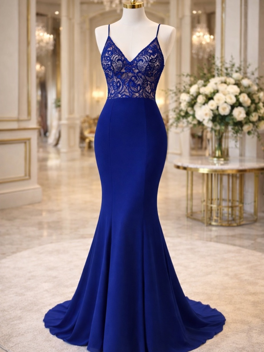 Elegant Royal Blue Lace Bodice Mermaid Dress Madison James